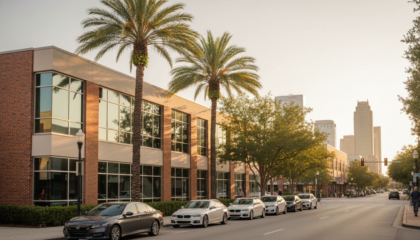 Small Orlando professional services office with palm trees and downtown skyline in the distance